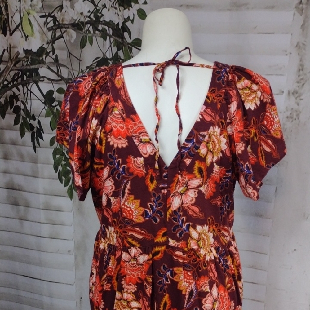 Old Navy Burgundy Floral V-Neck Tiered Mini Dress with Orange Accents XXL - Picture 6 of 7